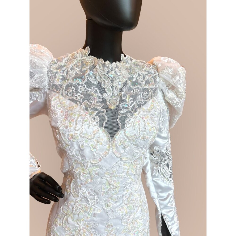 Vintage 90s Lace Sleeve High Neck Wedding Gown - Picture 4 of 8